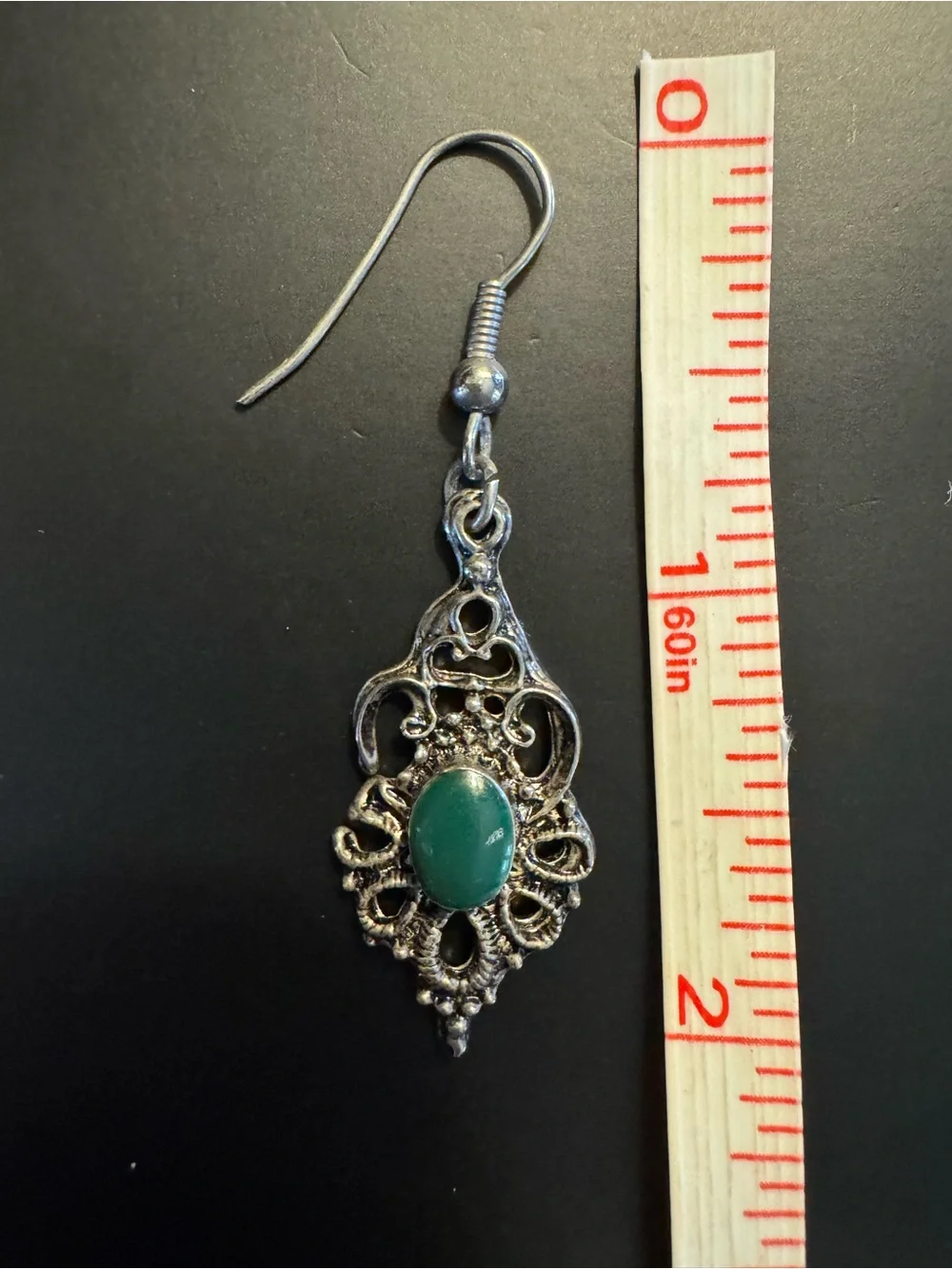 Ornate Silver Green Cabochon Filigree Dangle Earrings 2”